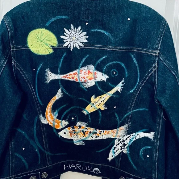 Gap Jean Jacket w/ Custom Handpainted Koi Fish & Haruka Girl - Picture 3 of 6